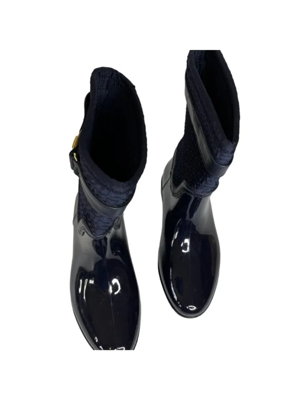 Tommy Hilfiger Rubber Rain Boots Patterned Textile Upper Gold Buckle Size 6 Blue